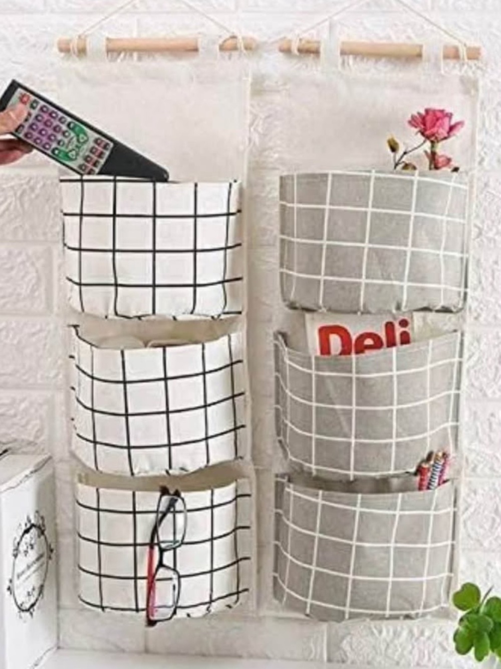 Wall Hanging Pocket Organizer Pair - Grid Pattern (White & Gray)